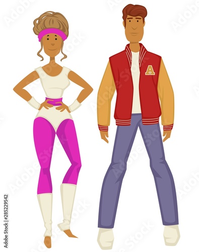 Man and woman, 1980s couple, fitness suit and baseball leggings