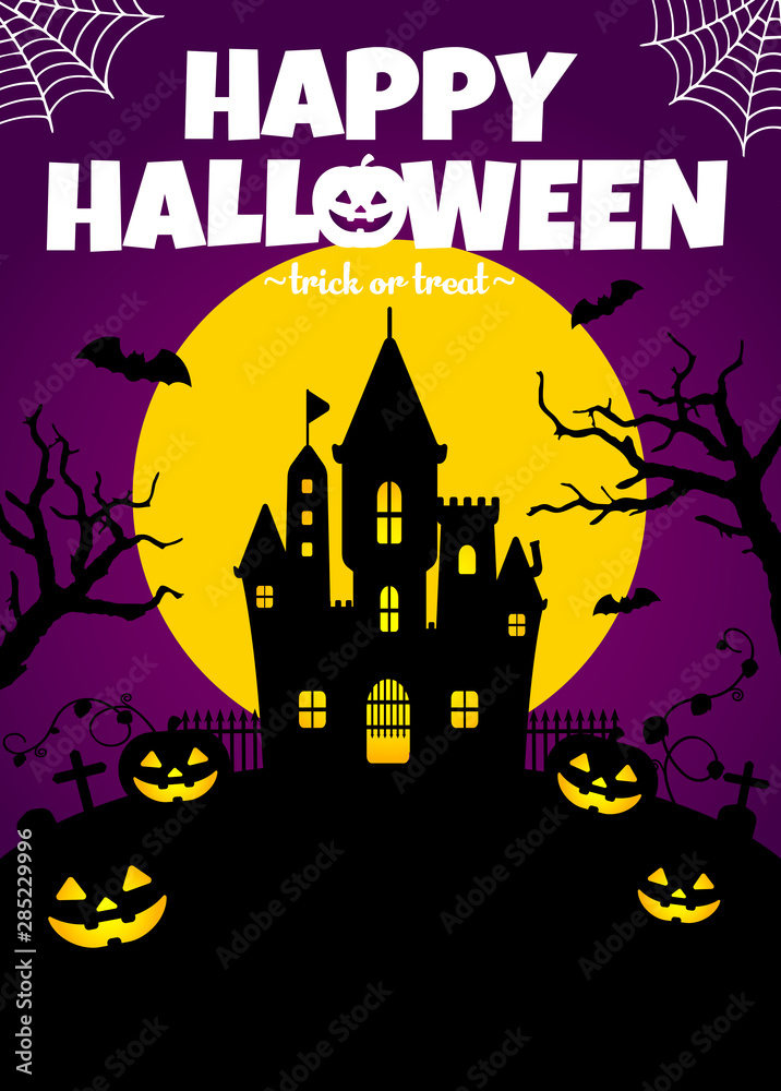Halloween silhouette background vector illustration. Poster (flyer) template design (with text space) / purple