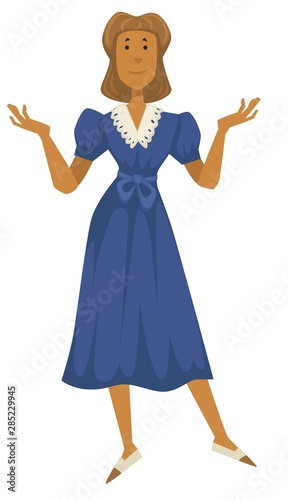 Vintage 1940s fashion style, woman in dress with lace neck