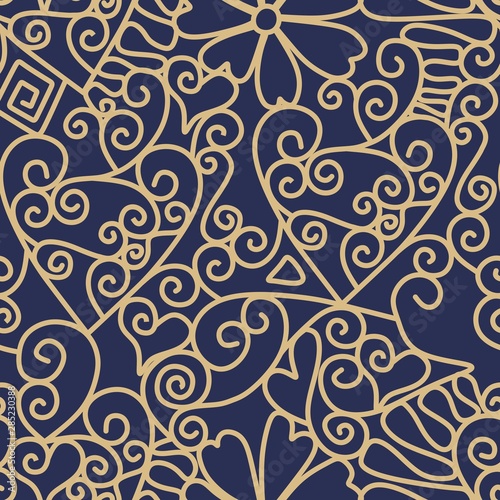 Simple endless golden lace pattern on dark blue background.
