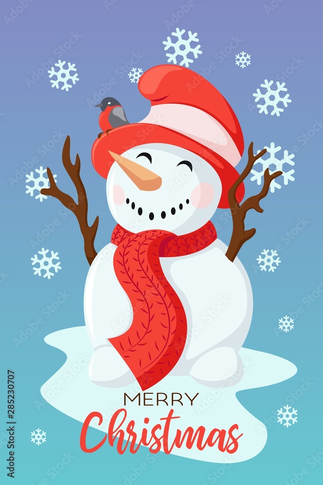 Greeting card. Creative hand drawn card with cute Snowman for winter holidays Greeting card. Creative hand drawn card with cute Snowman for winter holidays