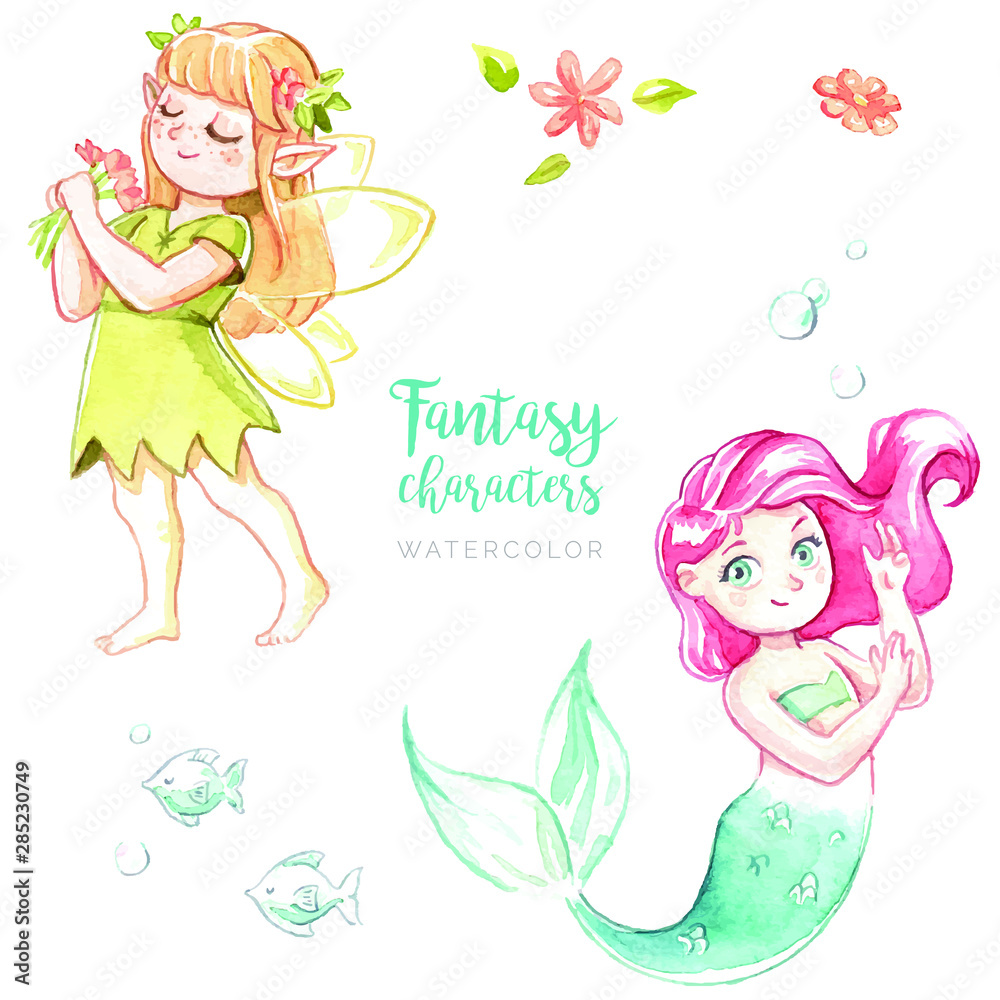 Watercolor fantasy characters set, hand drawn cute mermaid and little sweet fairy Watercolor fantasy characters set, hand drawn cute mermaid and little sweet fairy