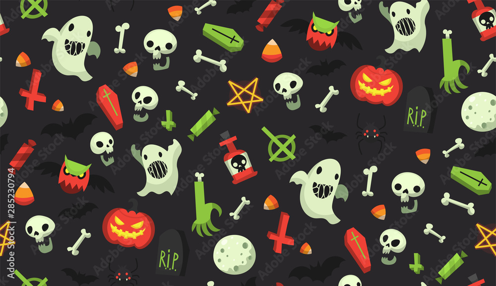 Bright cartoon Halloween pattern with traditional october holiday items. All elements can be used as isolated halloween decorations. Sweets, desserts and scary objects. Pattern swatch included