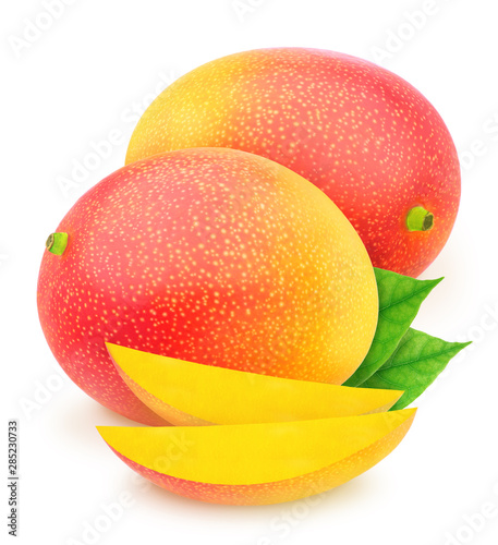 Composition with whole and cutted freshly picked mangoes with leaves isolated on white background. As design element.