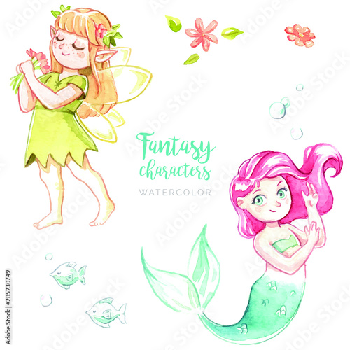 Watercolor fantasy characters set, hand drawn cute mermaid and little sweet fairy