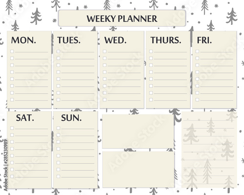 Weekly planner page template design for Christmas and winter time. Cute page for everyday plans and notes with doodle snowflakes and trees
