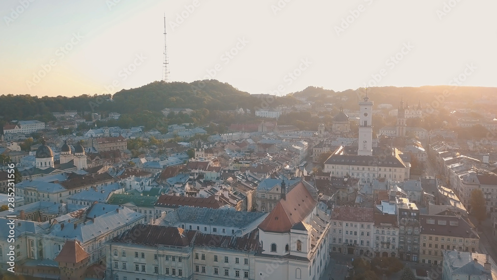 Obraz premium Aerial City Lviv, Ukraine. European City. Popular areas of the city. Town Hall
