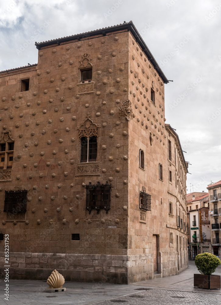 House of Shells (Casa de las Conchas) in Salamanca, Spain. The architecture includes Gothic, Moorish and Italian styles, take in Salamanca, august 18, 2019