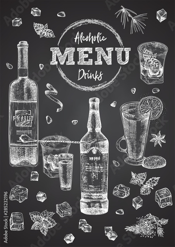 Vintage hand drawn sketch design bar, restaurant, cafe cover menu on black chalk board background. Graphic vector art. Whiskey with ice and mint