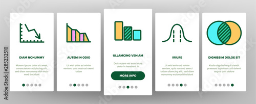 Color Different Graph Sign Icons Set Vector Onboarding Mobile App Page Screen. Statistic Graph Diagram And Analytics Data Assortment Linear Pictograms. Business Element Contour Illustrations