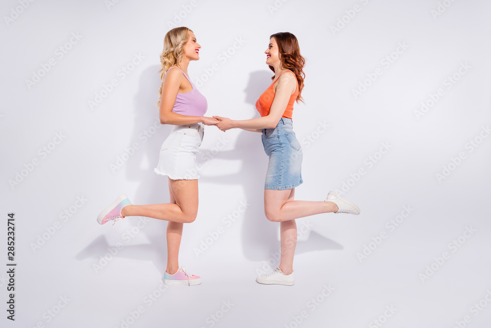Full body profile photo of pretty ladies glad to see each other wear casual clothes isolated white background Full body profile photo of pretty ladies glad to see each other wear casual clothes isolated white background
