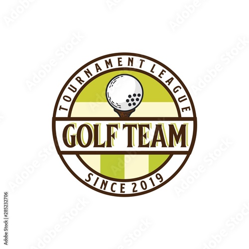 Golf circle seal logo design with golf ball and field illustration inside circle