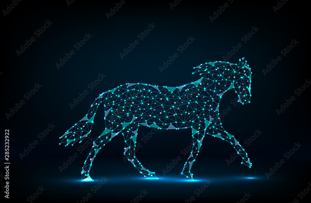 Abstract horse form lines and triangles, point connecting network on blue background.