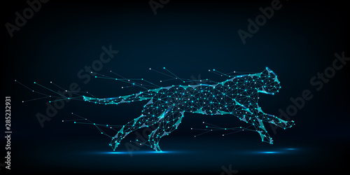 Abstract cheetah running. Speed concept. Low poly illustration in the form of a starry sky or space.