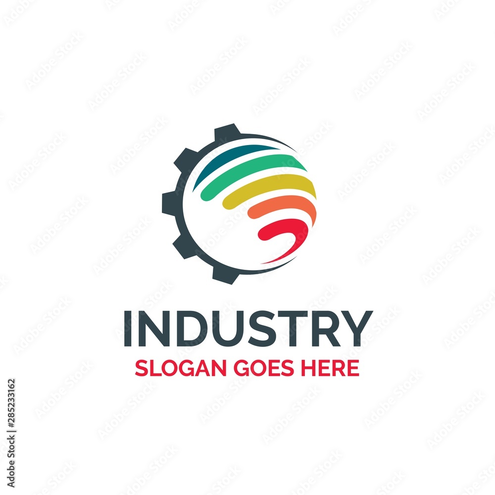 Colorful rainbow circle globe with gear cog shapes logo design Colorful rainbow circle globe with gear cog shapes logo design