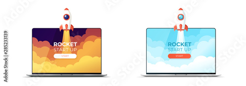 Rocket launch takes off from the laptop screen. In the sky flying over clouds. Space ship in smoke clouds. Business concept. Start up template. Horizontal background. Flat style vector illustration.