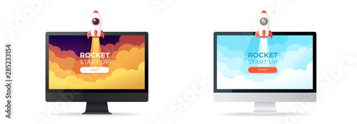 Rocket launch takes off from the monitor screen. In the sky flying over clouds. Space ship in smoke clouds. Business concept. Start up template. Horizontal background. Flat style vector illustration.