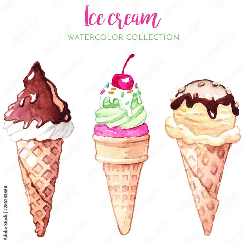 watercolor illustration of  hand drawn tasty ice cream set