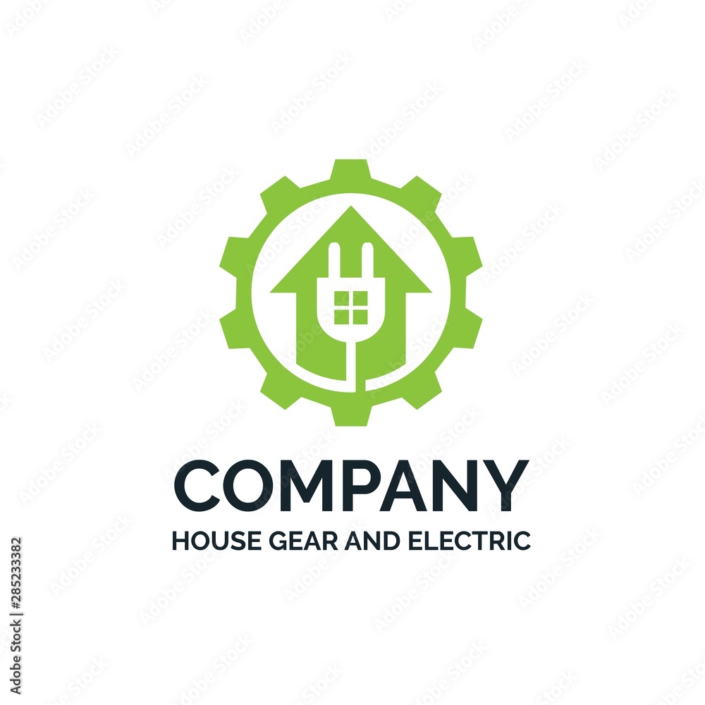 Modern home with electric jack and gear cog smarthouse logo design Modern home with electric jack and gear cog smarthouse logo design