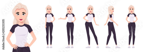 Girl character set isolated on a white background. Woman dressed in a T-shirt and jeans. Various poses. Mouth and body animation. Cute simple cartoon design. Flat style vector illustration.