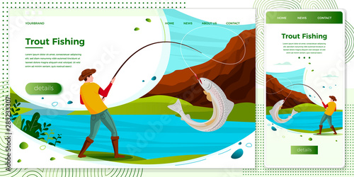Vector cross platform illustration set - fisherman on river catching trout. Forests, trees, mountains and hills on green background. Browser and mobile phone template with place for your text.