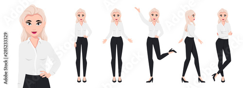 Business woman character set isolated on white background. Girl dressed in business pants and shirt. Various poses. Mouth and body animation. Cute simple cartoon design. Flat style vector illustration