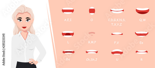 Human mouth set. Business woman lip sync collection for animation and sound pronunciation. Character face elements. Emotions: smiling, screaming. Simple cartoon design. Flat style vector illustration.