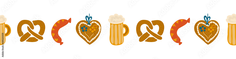 Oktoberfest food seamless border vector illustration. Beer festival party repeating banner. Beer glass, sausage, Gingerbread heart, pretzels. For invitation, flyer, poster, card
