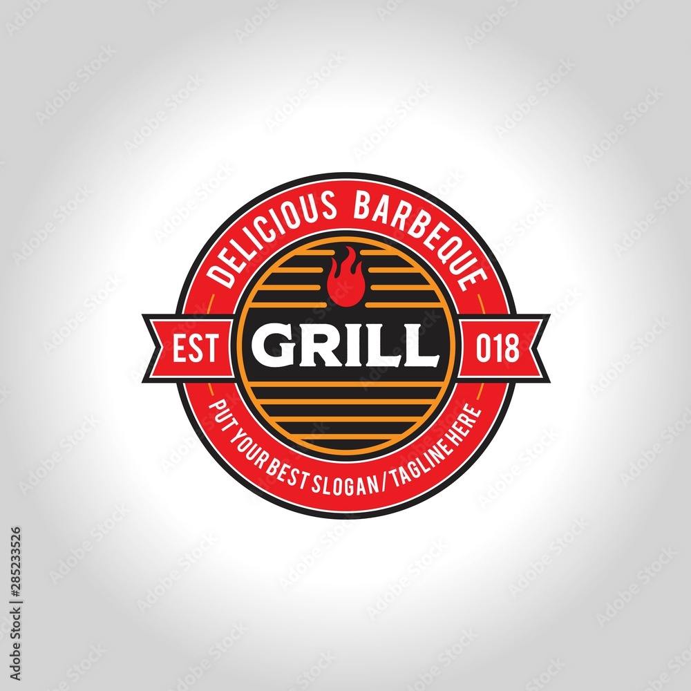 Barbeque circle seal logo design with flame and grill burn equipment