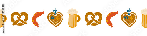 Oktoberfest food seamless border vector illustration. Beer festival party repeating banner. Beer glass, sausage, Gingerbread heart, pretzels. For invitation, flyer, poster, card