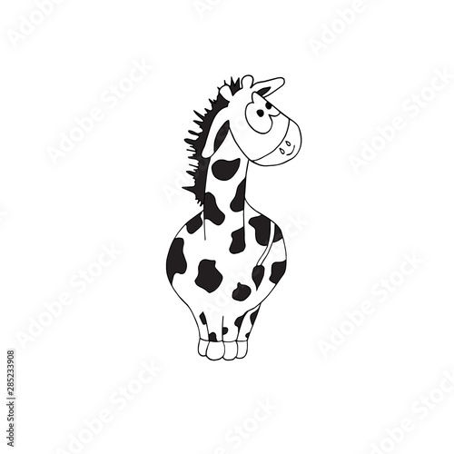 Cute black and white coloring page with giraffe on isolated white background.