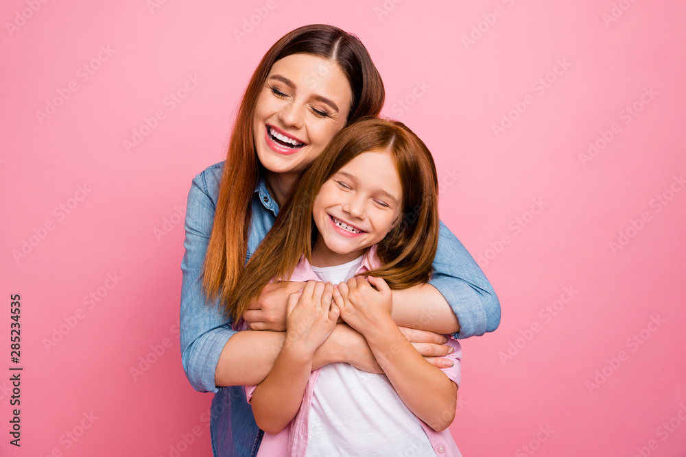 Little foxy lady holding mom's hands enjoy meeting after summer camp wear casual clothes isolated pink background Little foxy lady holding mom's hands enjoy meeting after summer camp wear casual clothes isolated pink background