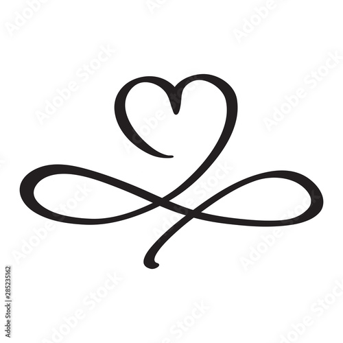Love heart In the sign of infinity. Sign on postcard to Valentines day, wedding print. Vector calligraphy and lettering illustration isolated on a white background