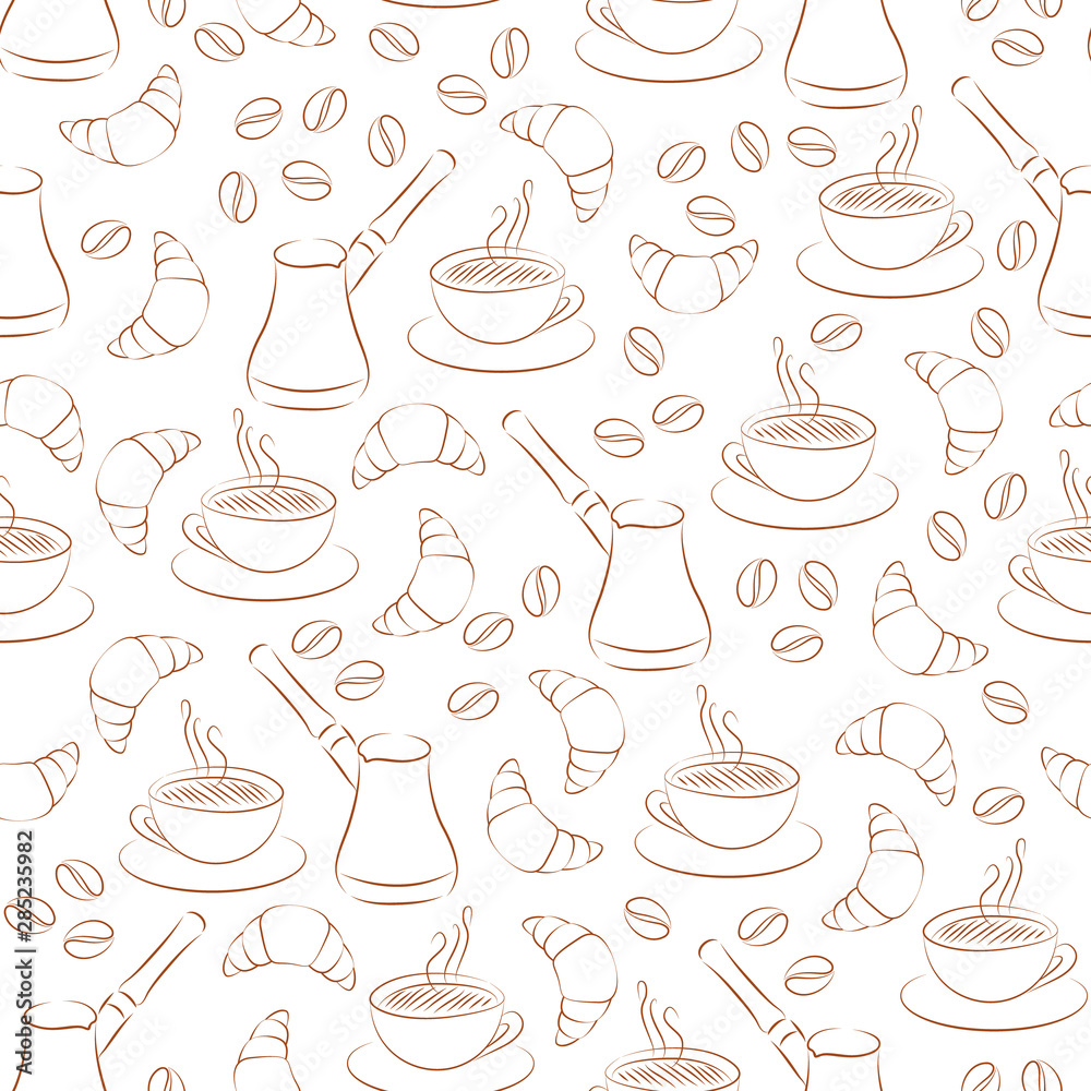 Croissant and coffee seamless pattern line style isolated on white background. Vector illustration Croissant and coffee seamless pattern line style isolated on white background. Vector illustration