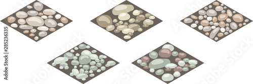Isometric stone texture tiles. Set of stones, rocks, cobble,shingle on ground for design landscape scenes or background