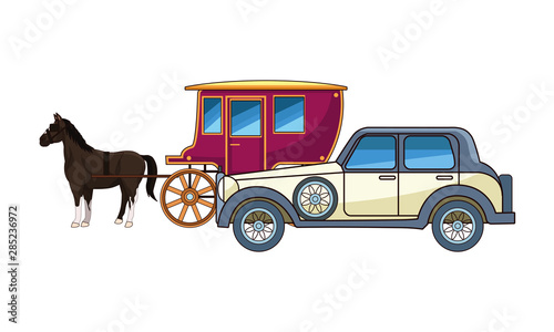 Classic cars and horse carriages vehicles