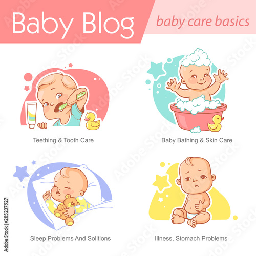 Set of baby illustration. First year growth and activity.