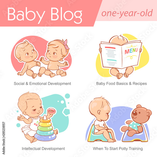 Set of baby illustration. First year growth and activity.