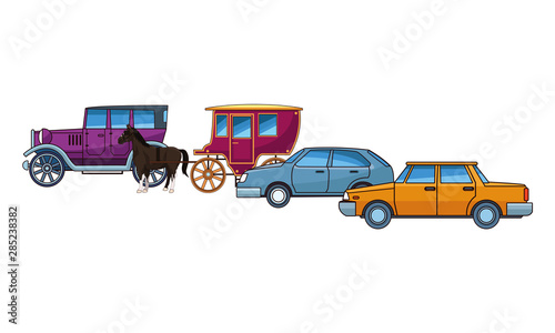 Classic cars and horse carriages vehicles