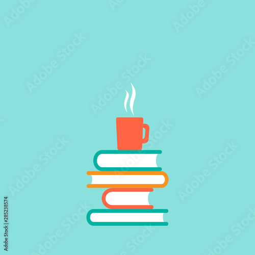 Stack of colorful books with hot cup of coffee or tea. Isolated on powder blue background. Flat icon.