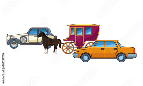 Classic cars and horse carriages vehicles