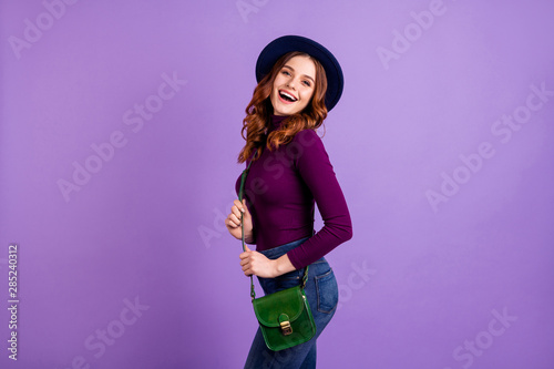 Portrait of sweet lady touch accessory look have fun isolated over purple violet background