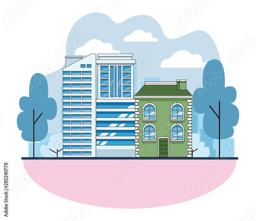 Urban buildings and city architecture in black and white