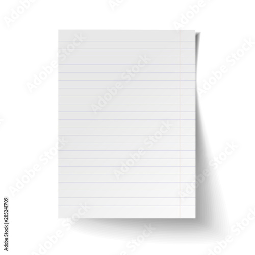 White blank sheet of lined paper. Mock up of white note paper. Realistic vector illustration.