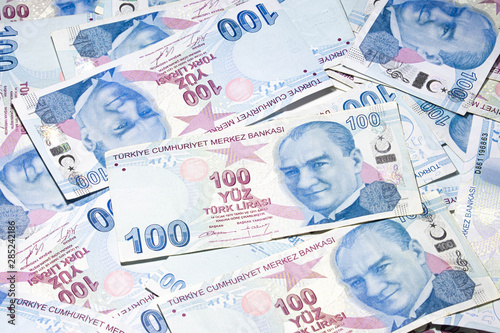 100 Turkish lira banknotes background. photo