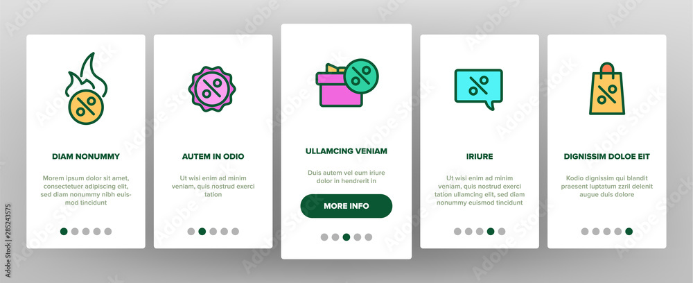 Fototapeta premium Color Discount Onboarding Mobile App Page Screen Vector. Percent Sign With Present Box And Heart, GPS Mark And Text Box Frame, Star And Scissors Discount Elements Linear Pictograms. Illustrations