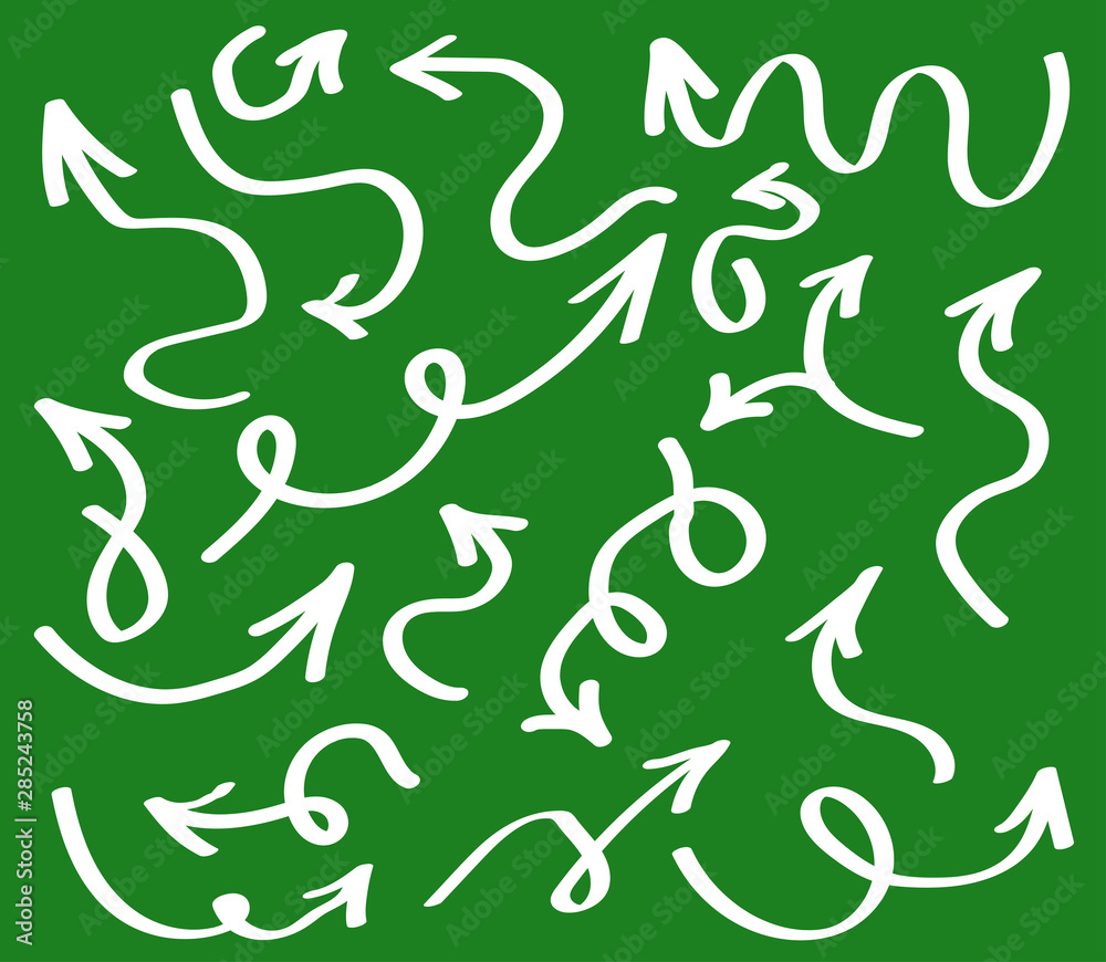 Collection of various thin arrows on a green background. Vector illustration. Collection of various thin arrows on a green background. Vector illustration.