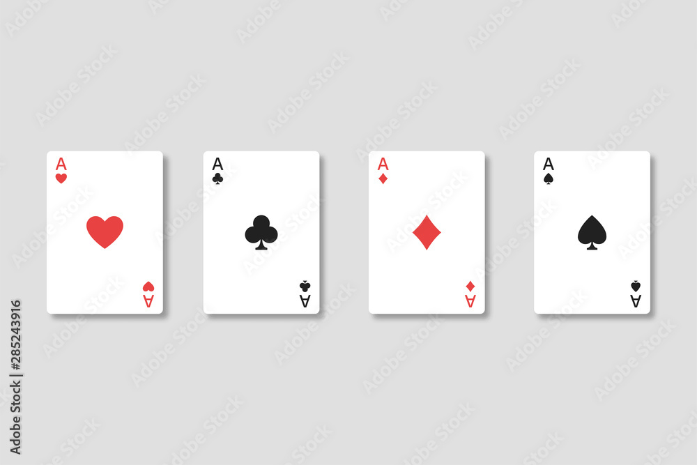Set of four aces playing cards suits with realistic shadows on transparent background. Winning poker hand. Isolated path. Set of four aces playing cards suits with realistic shadows on transparent background. Winning poker hand. Isolated path.