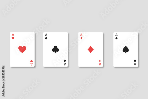 Set of four aces playing cards suits with realistic shadows on transparent background. Winning poker hand. Isolated path.