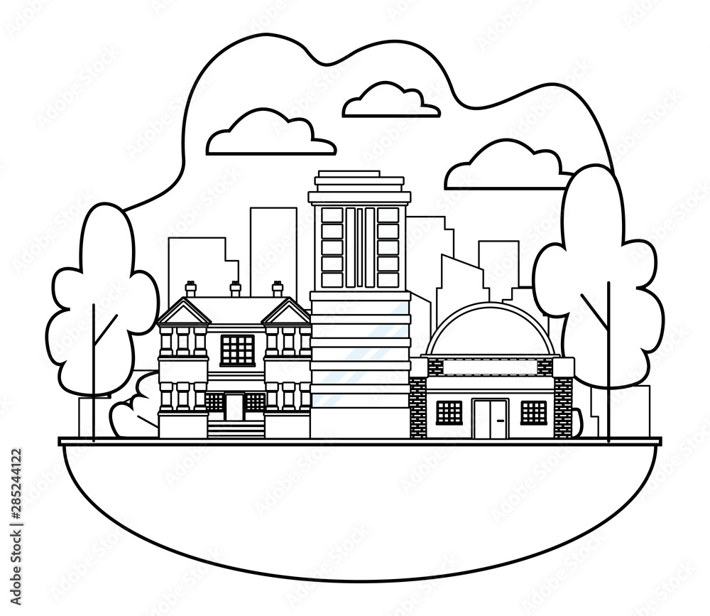 Fototapeta premium Urban buildings and city architecture in black and white